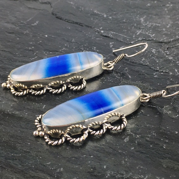 New Striped Blue Botswana Agate Large Stone Silver Hook Dangle Earrings - Picture 2 of 9